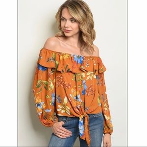 Peach Love California Off Shoulder Floral Blouse | Boho Ruffle Top | Long Sleeve